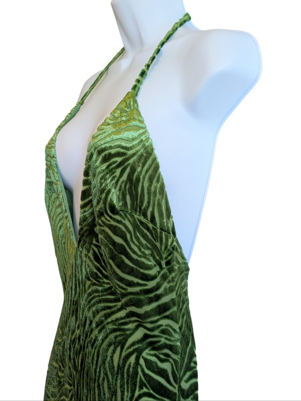 Zara Lime green velvet burnout halter Maxi dress Animal print deep v neck Medium - Picture 5 of 7